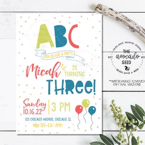 ABC, Birthday (or any event) Invitation - Bright color version - DIY Printing or Quickly Shipped Prints!