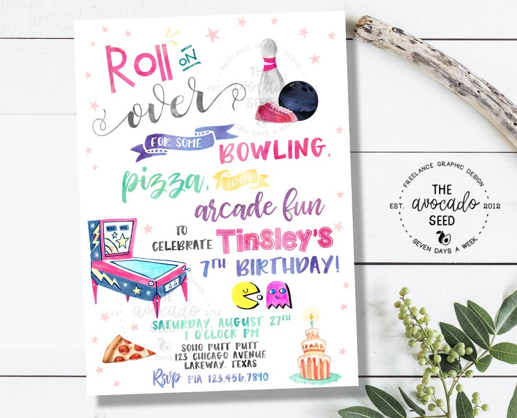 Bowling Pizza & Arcade Birthday Invitation Girl/pink Colors 