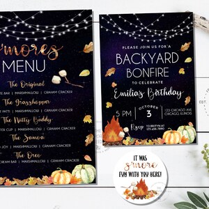 May include: A printable invitation for a backyard bonfire party to celebrate Emilia's birthday. The invitation features a starry night sky background with a campfire, pumpkins, and autumn leaves. The text reads "Please join us for a backyard bonfire to celebrate Emilia's birthday. October 3, 5 PM. 123 Chicago Ave, Chicago, Illinois. RSVP to Brittyn at 123.456.7890".