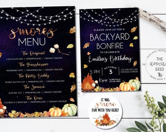 May include: A printable invitation for a backyard bonfire party to celebrate Emilia's birthday. The invitation features a starry night sky background with a campfire, pumpkins, and fall leaves. The text reads "Please join us for a backyard bonfire to celebrate Emilia's birthday. October 3, 5 PM. 123 Chicago Ave, Chicago, Illinois. RSVP to Brittyn at 123.456.7890".