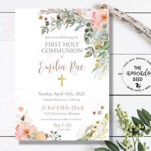 Watercolor Floral First Holy Communion (or any event) Invitation - DIY Printing or Shipped Prints