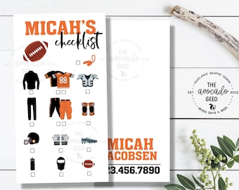 Football Gear Checklist - Any Team Colors - Digital file or Shipped Tags