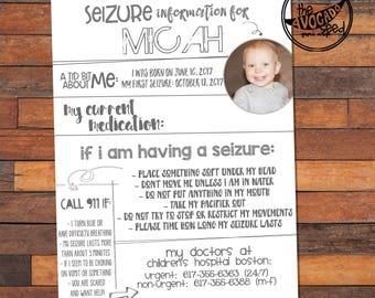 Peut inclure: Une carte imprimable en noir et blanc avec le titre "Informations sur les crises pour Micah". La carte comprend des informations sur la date de naissance de Micah, la date de sa première crise, ses médicaments actuels et les coordonnées d'urgence. Une photo d'un jeune enfant est incluse dans le coin supérieur droit.