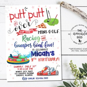 Mini Golf, Go Kart, Bumper Boat Birthday Invitation (digital file or prints)