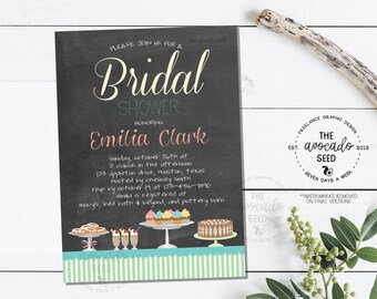 May include: A chalkboard bridal shower invitation with a pink and white script font. The invitation is for Emilia Clark and includes the date, time, location, and RSVP information. The invitation also includes a graphic of a table with desserts, including cupcakes, donuts, and milkshakes.
