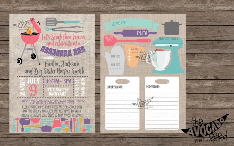 May include: A pink and white backyard BBQ party invitation with a grill, tongs, and a spatula. The invitation says "Let's Stock Their Freezer and Celebrate at a Backyard BBQ" and includes the names Emilia, Jackson, and Big Sister Harper Smith. The date is Saturday, 9th July from 11:30 AM to 3:00 PM. The location is The Smith Backyard. The invitation also includes a recipe card with a blank space for ingredients and directions.