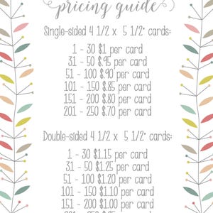 May include: A pricing guide for single-sided and double-sided postcards in various sizes. The guide lists prices per card based on the quantity ordered. Envelopes are also available for an additional cost.