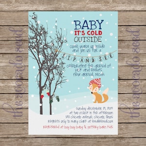 Baby It&#39;s Cold Outside Woodland Fox - Sip and See, Baby Shower, Invitation - DIY printing or professional Prints