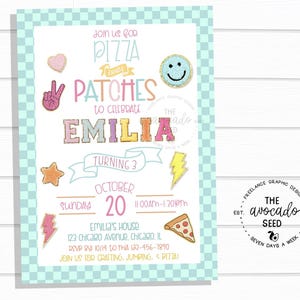 May include: A colorful invitation for a pizza party to celebrate Emilia's 3rd birthday. The invitation features a checkered background, a peace sign, a smiley face, and the text "Join us for pizza and patches to celebrate Emilia turning 3. October 20, 11:00am-1:30pm. Emilia's House, 123 Chicago Avenue, Chicago, IL. RSVP by 10/14 to 123-456-7890. Join us for crafting, jumping, & pizza!"