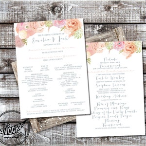 May include: Wedding ceremony program with pink and peach floral watercolor design. The program includes the names of the bride and groom, Emilin and Jack, the wedding date, September 18, 2016, and the names of the wedding party. The program also includes the order of service, scripture lessons, and wedding address.