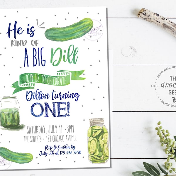 Kind of a Big Dill - BLUE Version - Pickle Birthday Party Invitation - DIY Printing or Professional Prints