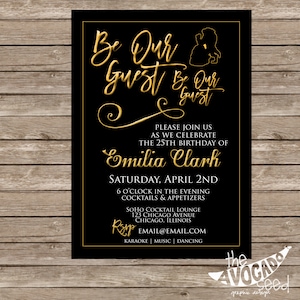 Be Our Guest - Beauty and the Beast Inspired Black & Gold Invitation - DIY Printing or Professional Prints