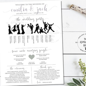 May include: A wedding program with a black and white silhouette of the wedding party. The program includes the names of the wedding party members, the ceremony details, and a thank you message from the couple. The program is decorated with a gray heart and a floral design.