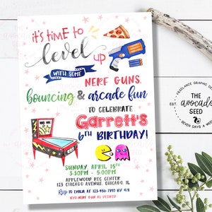 May include: A colorful invitation for a 6th birthday party with a video game theme. The invitation features a pink and blue arcade game, a blue and black Nerf gun, a pizza slice, and a Pac-Man character. The text reads "It's time to level up with some Nerf guns, bouncing & arcade fun to celebrate Garrett's 6th Birthday!"