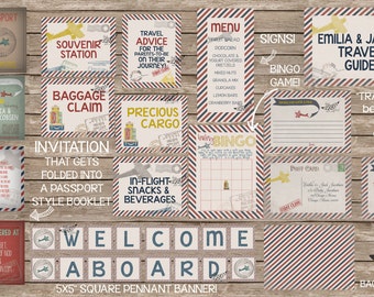 May include: A printable travel-themed baby shower invitation booklet with a passport style design. The cover features a red, white and blue striped background with a plane and the text "Invitation that gets folded into a passport style booklet".