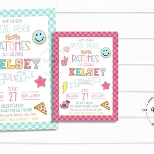 May include: Two party invitations with a colorful design. The invitations feature text including "Pizza, Pool, Patches to celebrate Kelsey turning 8". The invitations have a checkered border and include various illustrations.