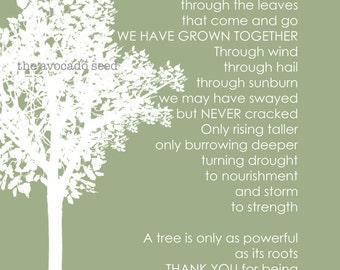 May include: A white tree silhouette on a muted green background with the text "the avocado seed". The text includes a poem about growth and family, with the words "WE HAVE GROWN TOGETHER" in bold.
