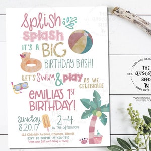 Splish Splash Pool Party Invitation PINK AND GOLD version - First Birthday - Digital File or Prints