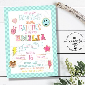 May include: A blue and white checkered invitation for a birthday party. The invitation says "Join us for Pancakes and Patches to celebrate Emilia turning 9. Saturday, March 16, 10a-2p. Emilia's House, 123 Chicago Avenue, Chicago, IL. RSVP by 2/12 to (123) 456-7890.  Bring a card!"