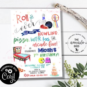 Bowling, Pizza, Laser Tag, Arcade Birthday Party Invitation - Corjl Version