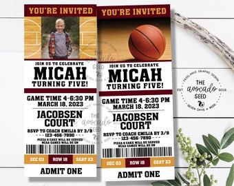 May include: A red and gold basketball ticket invitation for a birthday party. The invitation says "You're Invited" and features a basketball, a basketball court, and a photo of a boy. The text on the invitation says "Join us to celebrate Micah turning five! Game time 4-6:30 PM March 18, 2023 Jacobsen Court RSVP to Coach Emilia by 3/9 123-456-7890 Pizza & cake will be served NCAA games will be on Sec 03 Row 18 Seat 23 Admit One"