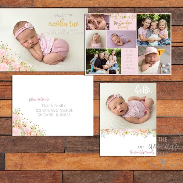 Shabby Chic Floral Birth Announcement Suite or a la carte purchasing available - DIY Printing (price shown) or Prints (pm for quote!)
