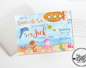 Watercolor Under the Sea Birthday (or any event) Invitation - DIY printing or Professional Prints