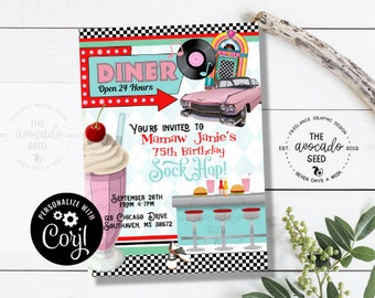 May include: A retro-themed birthday party invitation with a pink car, a diner sign, and a milkshake. The invitation says "You're invited to Mamaw Janie's 75th Birthday Sock Hop!" and includes the date, time, and location of the party.
