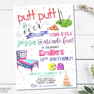 Mini Golf, Pizza, Arcade Birthday Invitation Pink Version (digital file or prints)