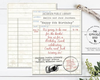 Vintage Library Card Birthday Invitation - Digital File or Prints Shipped