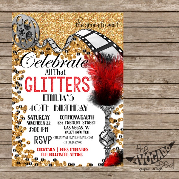 Glam Old Hollywood Birthday (or any event) Invitation - Prints or Digital File