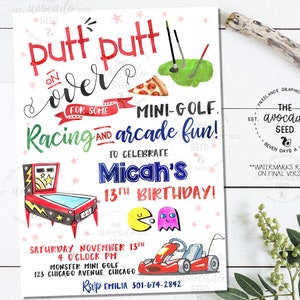 Mini Golf, Arcade, Go Kart Birthday Invitation (digital file or prints)