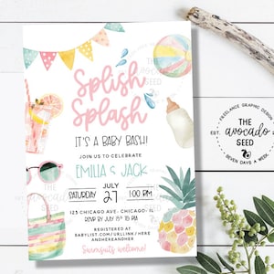 May include: A baby shower invitation with a watercolor illustration of a pineapple, a beach ball, a bottle of baby formula, a pair of sunglasses, a beach bag, and a glass of lemonade. The invitation says "Splish Splash It's a Baby Bash! Join us to celebrate Emilia & Jack Saturday July 27 1:00 PM 123 Chicago Ave. Chicago, IL RSVP by July 15th to PIA Registered at Babylist.com/URLLINK/HERE ANDHEREANDHER Swimsuits welcome!"
