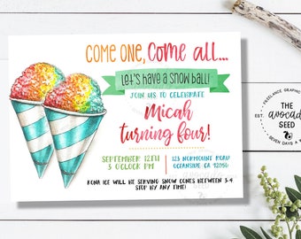 May include: A colorful invitation with two watercolor snow cones. The text reads "Come one, come all... Let's have a snow ball!" and announces Micah's fourth birthday party. Includes date, time, and location.