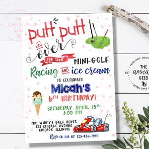Mini Golf, Go Kart, Ice Cream Birthday Invitation Boy/Primary Colors (digital file or prints)