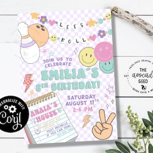 May include: A purple and white checkered background with a bowling pin and ball, smiley faces, and stars. The text "Let's Roll" is in a rainbow font. The text "Join us to celebrate Emilia's 8th Birthday!" is in a green font. The text "Saturday August 17th 2-6 PM" is in a black font. The text "Anaia's House 123 Chicago Ave Chicago, IL Text Michelle if you can join! 123-456-7890" is in a black font on a white notepad.