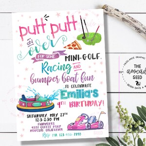 Mini Golf, Go Kart, Bumper Boat Birthday Invitation - pink and blue version (digital file or prints)