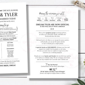 May include: A black and white wedding program with the names Emilia and Tyler. The program includes the order of events, the names of the wedding party, and a special thank you to the parents. The program also includes the date and location of the wedding.