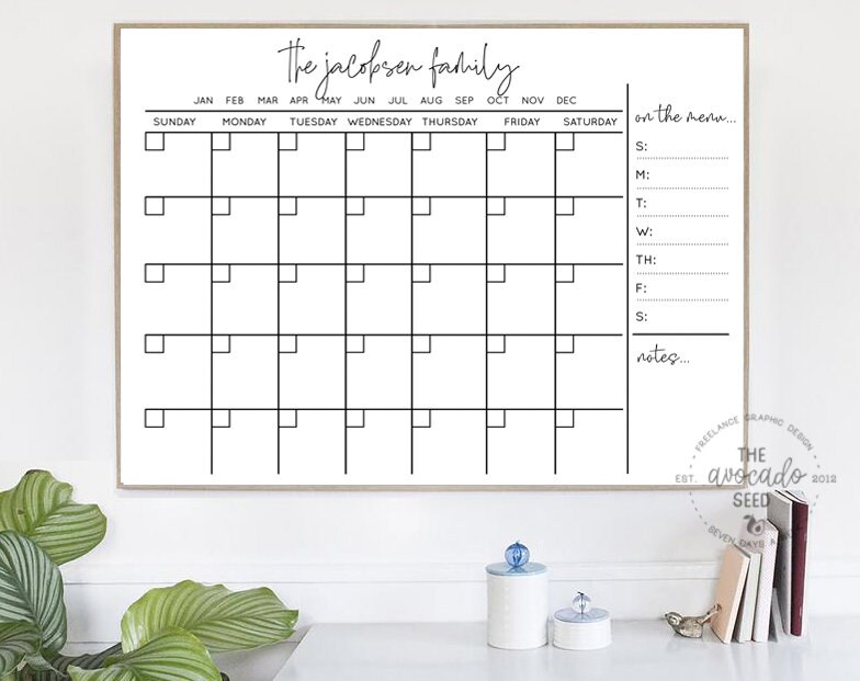 Modern Reusable Dry Erase Family Wall Calendar With Menu And Etsy New Zealand