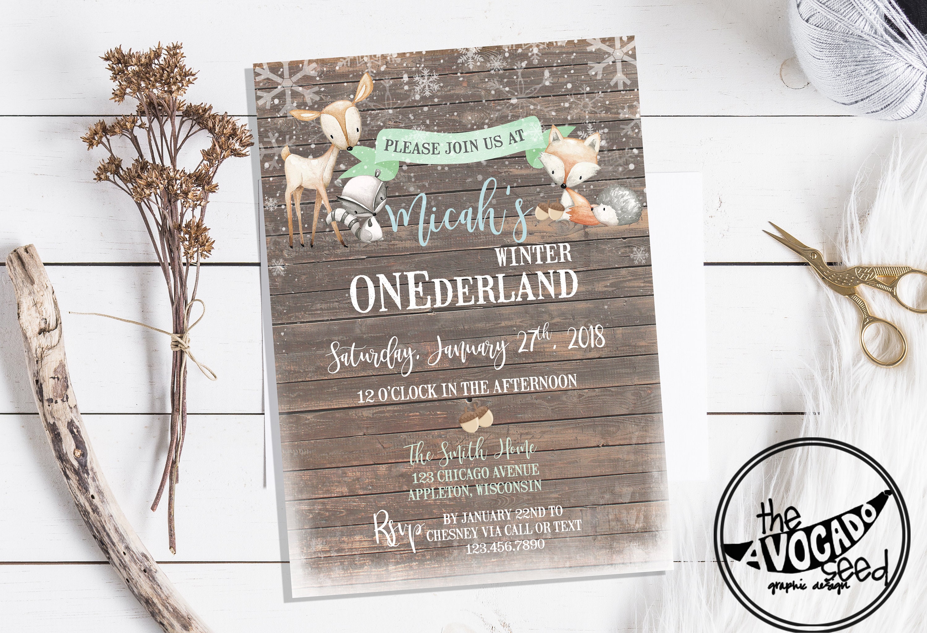 Woodland Winter ONEderland Invitation BOY vers Digital File or Prints