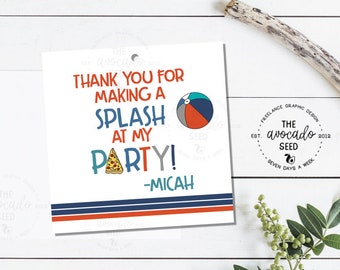 May include: A white thank you card with blue and red stripes at the bottom. The card says "Thank you for making a splash at my party! -Micah" with a pizza slice and beach ball graphic.