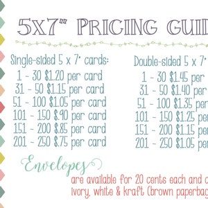 May include: A pricing guide for 5x7 inch cards. The guide lists prices for single-sided and double-sided cards in various quantities. Envelopes are available for 20 cents each and come in ivory, white, and kraft.