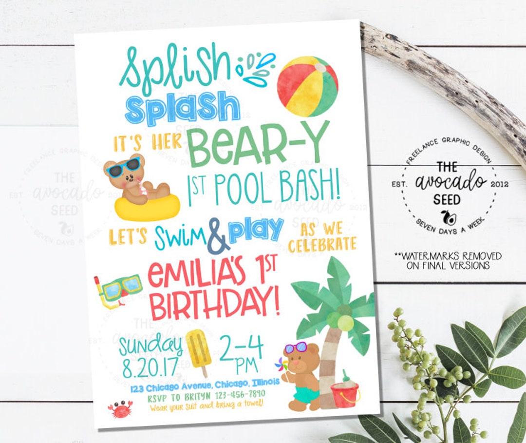 Splish Splash Beary First Pool Bash - Pool Party Invitation - First ...