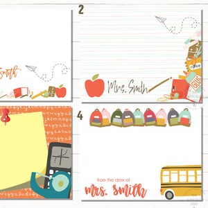 May include: Four different printable teacher note cards with a school theme. The cards feature a variety of school supplies, including apples, backpacks, pencils, and a school bus. The text on the cards reads "Mrs. Smith" and "from the desk of Mrs. Smith".