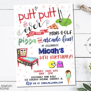 Mini Golf, Pizza, Arcade Birthday Invitation (digital file or prints)