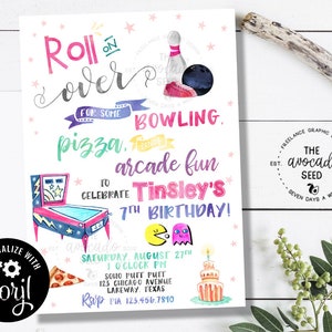 May include: A colorful invitation for a 7th birthday party with a bowling pin, bowling ball, arcade game, pizza, and cake. The invitation says "Roll on over for some bowling, pizza, arcade fun to celebrate Tinsley's 7th birthday!"  The party is on Saturday, August 27th at 1 o'clock PM at Soho Putt Putt, 123 Chicago Avenue, Lakeway, Texas. RSVP to PIA 123.456.7890.