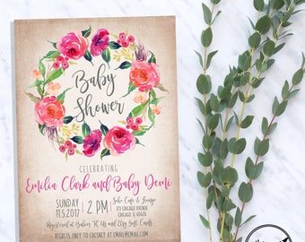 Watercolor Floral Wreath Baby Shower Invitation - DIY Printing or Professional prints