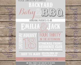 Backyard BBQ Baby Shower Invitation Grey Pink - Professional Prints or Print your own