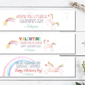 Puede incluir: Tres etiquetas de regalo imprimibles para el Día de San Valentín con un diseño de unicornio y arcoíris. El texto en las etiquetas dice: "Wishing you a magical Valentine's Day!", "VALENTINE, You're one of a kind Happy Valentine's Day!" y "We go together like rainbows + unicorns Happy Valentine's Day!"