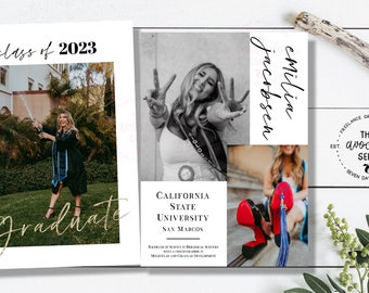 Könnte beinhalten: Eine Abschlussanzeige mit einer Collage von Fotos einer Frau in Kappe und Robe. Die Anzeige enthält den Text "class of 2023", "graduate", "Milia Jacobsen", "California State University San Marcos" und "Bachelor of Science in Biological Sciences with a concentration in  Mental and Child Health Development".